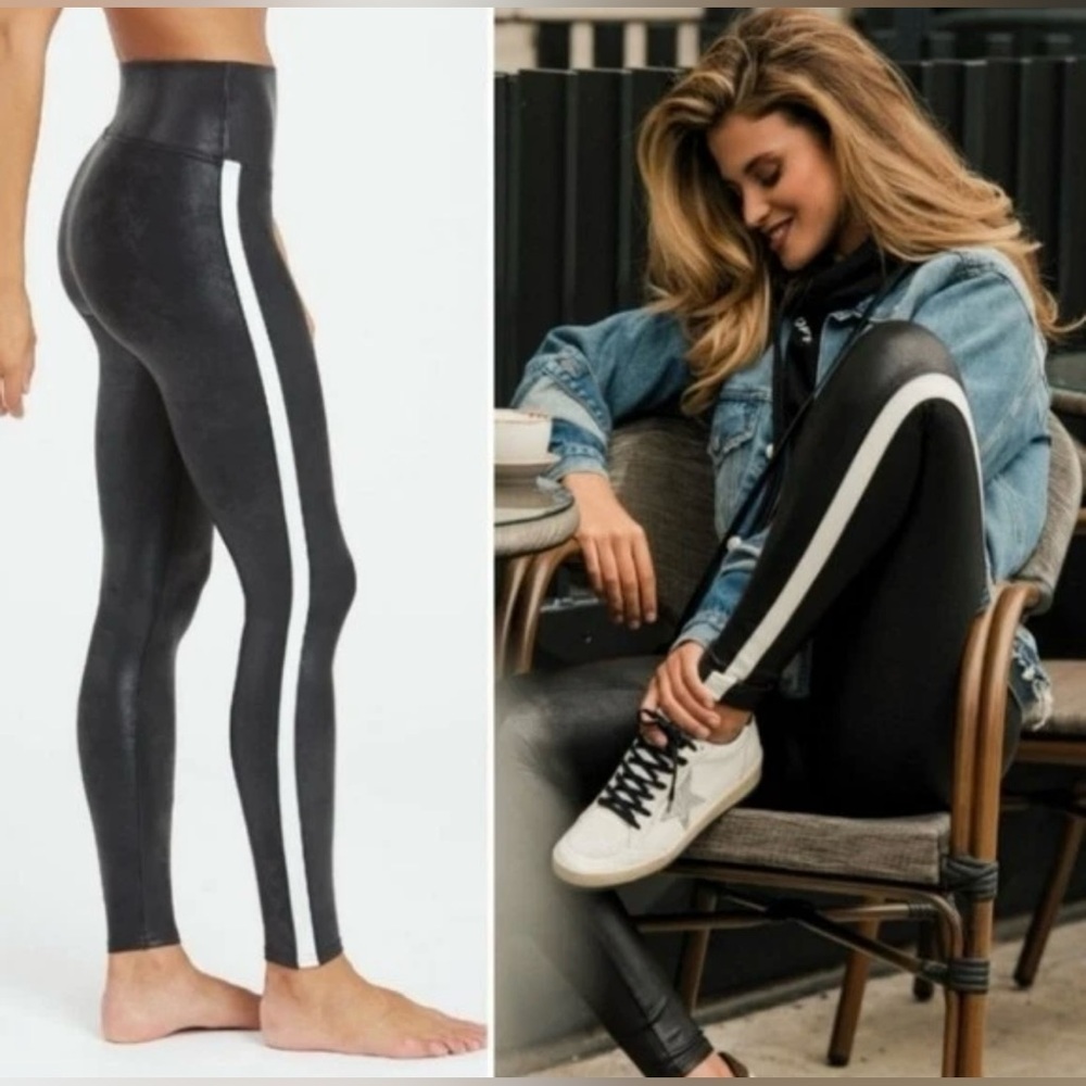 SPANX Faux Leather Side Stripe Leggings Black White Women's Metallic XS